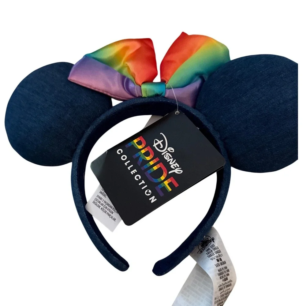Disney Minnie Mouse Ears Headband Pride Collection Blue Rainbow Denim Bow New